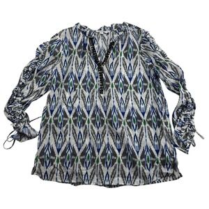 Chicos Geometric Beaded Split Neck Blouse L/S Lyocell Ramie Sz 10 (Chicos 1.5)